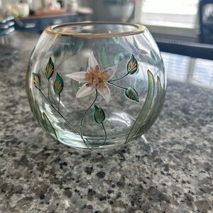 Romania Hand-Painted Glass Floral Globe Vase with Gold Trim